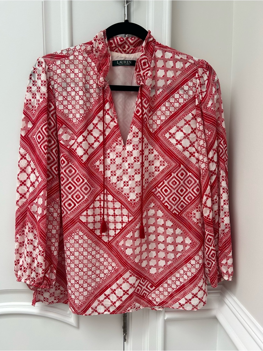 Ralph Lauren Red and White Geometric Tie-Neck Blouse